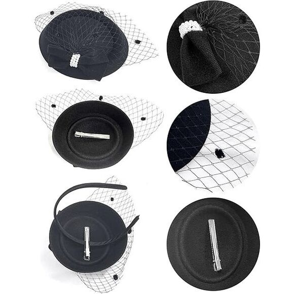 🖤 Pinup Accessory 1950s Retro Vintage Fascinator Black Pillbox Pearl Veil Hat - Picture 8 of 13